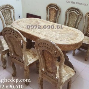Bộ Bàn Ghế Ăn Gỗ Nu Nghiến Đẹp, Bàn Bầu Dục BA.125