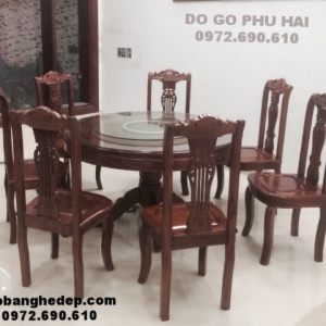 Bộ bàn ăn gỗ gụ 7 ghế bàn tròn hàng Đồng kỵ BA70