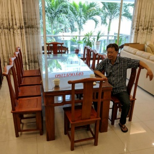 Bộ Bàn Ăn Bàn Chữ Nhật Gỗ Gụ Đẹp 10 Ghế BA.158