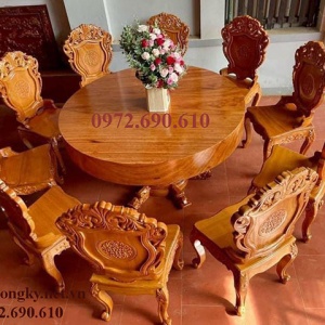 Bộ Bàn Ghế Ăn Tròn Gỗ Gõ Đỏ Nguyên Tấm BA.217