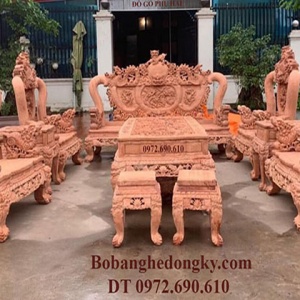 Bộ Bàn Ghế Gỗ Hương Đá Chạm Nghê Đỉnh Cột 16 Cưc Hiếm B23