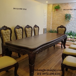 Bộ Bàn Ghế Phòng Ăn 10 Ghế Gỗ Mun Bọc Da Ngoại BA.193