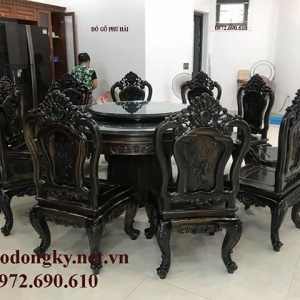 Bộ Bàn Ghế Phòng Ăn Gỗ Mun Hoa Bàn Tròn Xoay BA.209