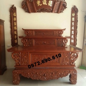 Bàn thờ gỗ gụ đẹp, hoành phi câu đối mạ vàng cho tổ tiên ST-86