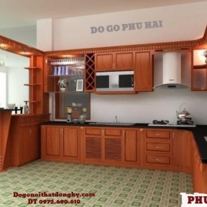 Tủ bếp gỗ Dáng Hương, Tủ bếp đẹp có quầy Bar TB1