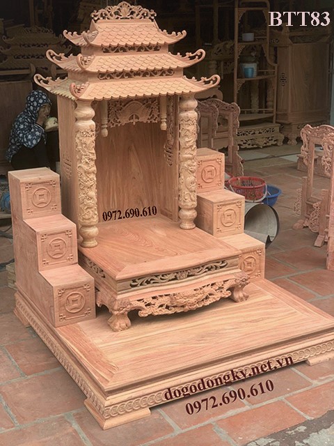Bàn thờ thần tài gỗ gõ đỏ mái cong