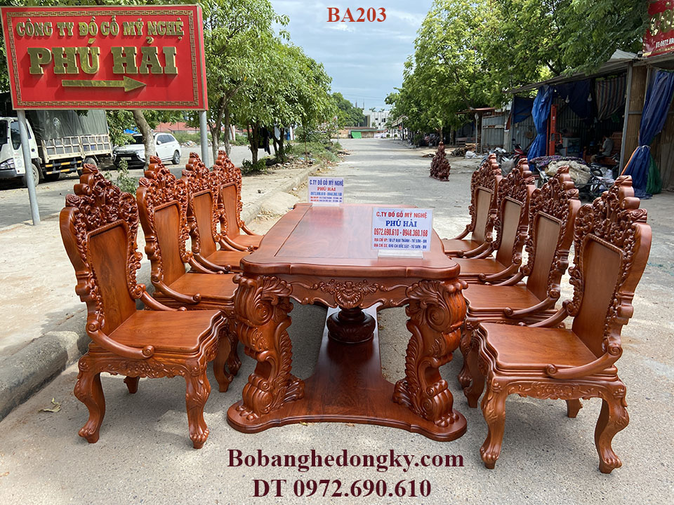 Bộ Bàn Ăn Luois Hoàng Gia 8 Ghế Gỗ Gõ Đỏ 