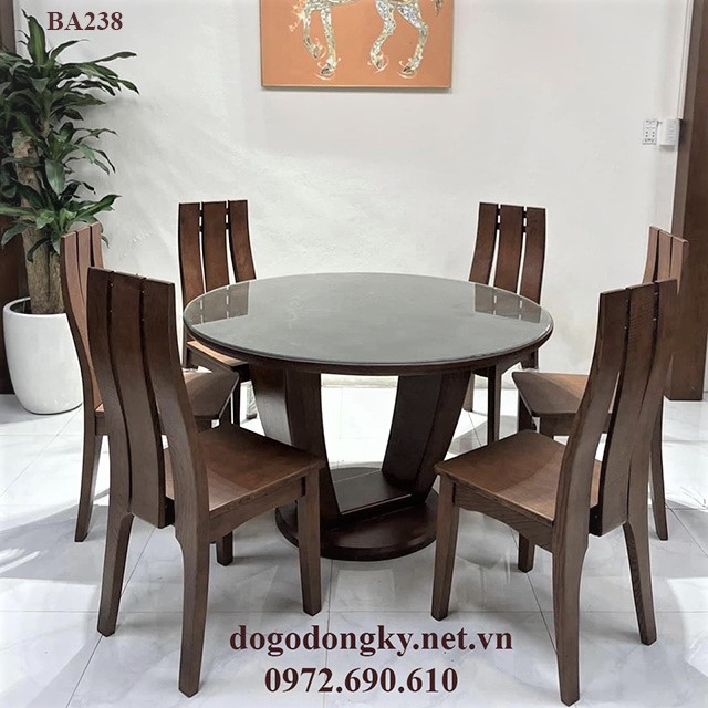 Bộ bàn ghế ăn 6 ghế bàn tròn gỗ sồi