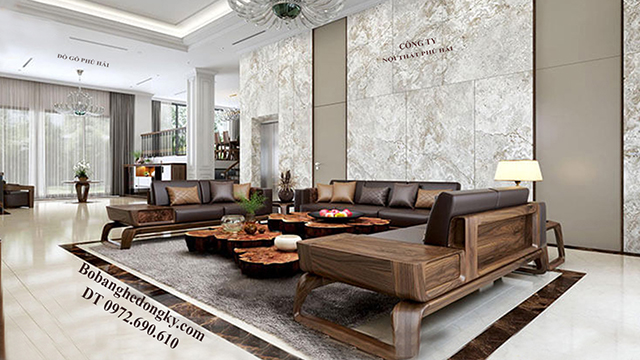 Bộ sofa phòng khách gỗ óc chó mau dep